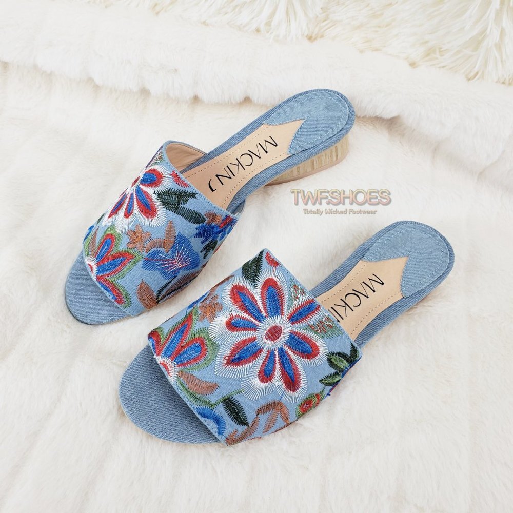 Flower Power Embroidered Denim slip on mule clogs Wood Wrap Heels 70's - Picture 3 of 10